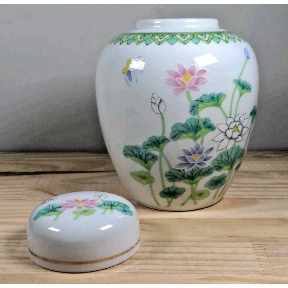Vintage Otagiri Japanese Floral Ginger Jar Porcelain Lotus Garden Decor 6 Inch